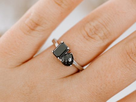 The Vela Ring | 1.05ct Emerald Cut Black Diamond + .74ct Pear Black Diamond | White Gold Cheap